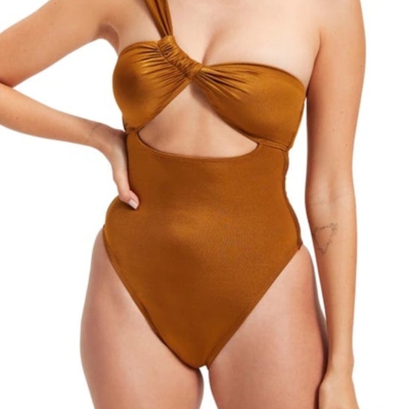 NWT Good American Bali Cutout One-shoulder One-piece Swimsuit In Bronze Brown - Picture 3 of 5